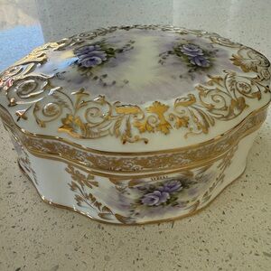 Porcelain Jewelry Box with Purple Roses and Gold Trim